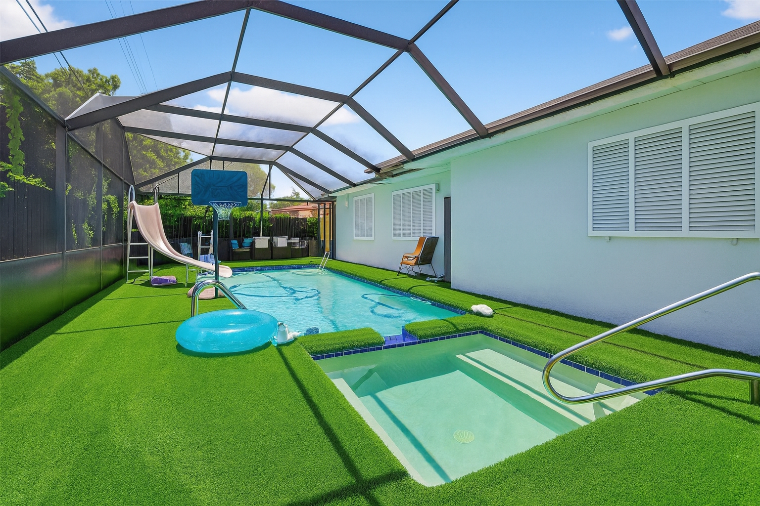 Resort-style screened pool and covered seating